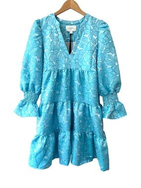 Tuckernuck Pomander Place Jacquard Kenzo Dress S aqua blue tiered babydoll NWT